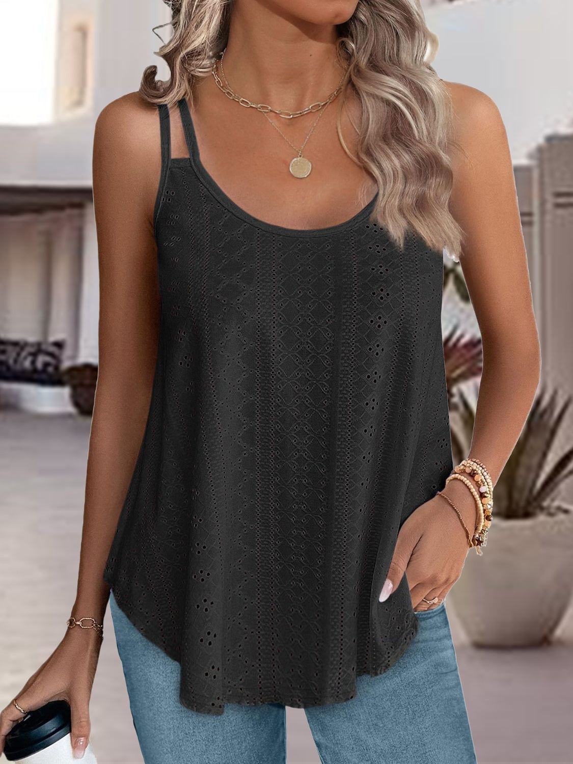 Eyelet Scoop Neck Spaghetti Strap Cami